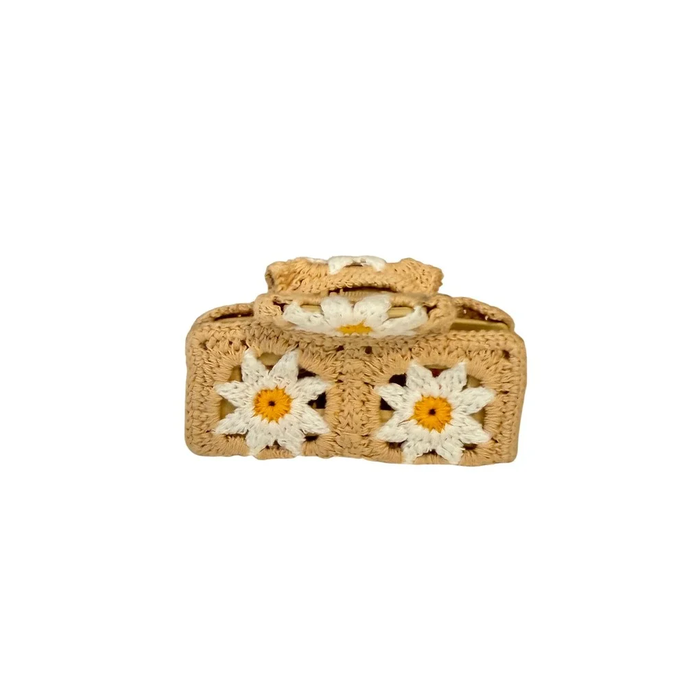 Tan Crochet Daisy Floral Rectangular Hair Claw Clip Boho Cottagecore Accessory